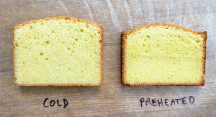 Pound cake slices showing one with a think golden outer crust, one with a darker, thicker crust.
