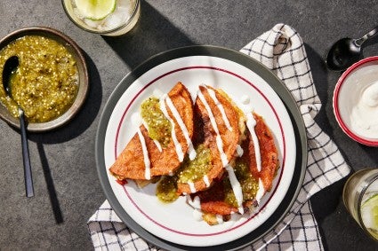 Tacos Rojos (Red Tacos) with Queso Fresco and Salsa Verde