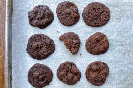 Chocolate chip cookies so over-baked that they turned brown