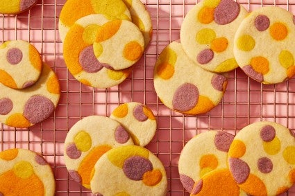 Printed sugar cookies on a cooling rack