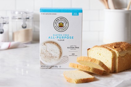 Box of gluten-free all-purpose flour next to sliced loaf of bread