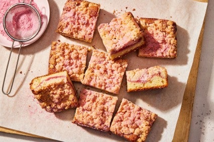 Overhead photo of a few pieces of decorated coffee cake. 