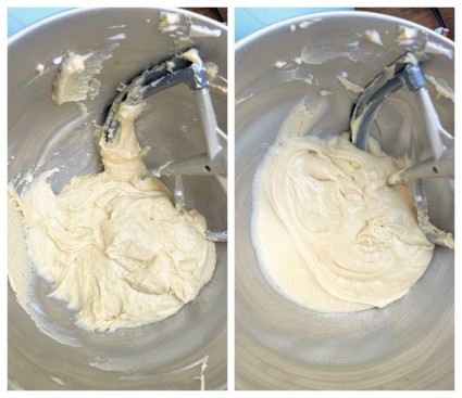 Two images of the same cake batter in a bowl, one smoother than the other to show how beating for an additional minute makes a difference.