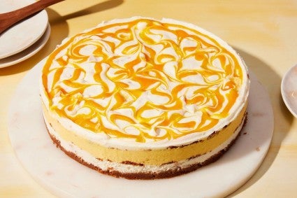 Photo of cake from top showing a swirl pattern. 