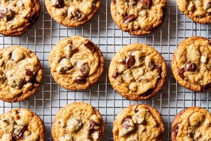 Chocolate chip cookies on a cooling rack