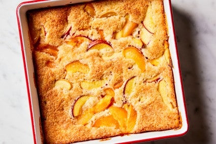 Baked fresh fruit cobbler in square baking pan