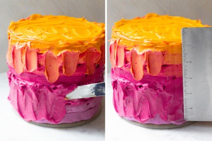 Two photos side by side, showing ombre cake frosting being zig-zagged with spatula and smoothed with bench knife