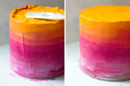 Two photos of ombre cake, one with frosting being smoothed on top and one of finished cake