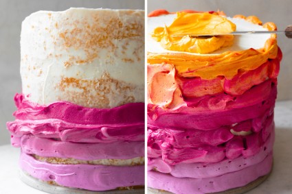 Two side by side images, showing a cake piped with rings of colored frosting and with orange frosting being spread on top 