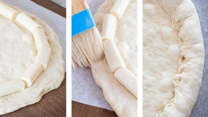 Three panel image of cheese being placed on edges of pizza dough, edges brushed with water, then folded over to seal