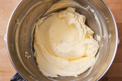 Perfectly creamed butter and sugar in stand mixer bowl