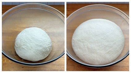 Two pictures, side by side; on the left, unrisen dough in a bowl; on the right, that same dough, fully risen. 