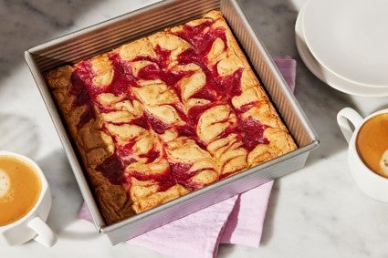 Swirled rhubarb bars in their pan