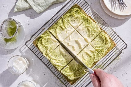 Matcha Latte Bars shot from overhead on a cooling rack