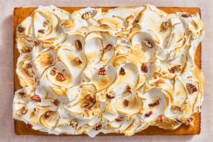 The full, un-cut Sweet Potato Sheet Cake with Marshmallow Frosting