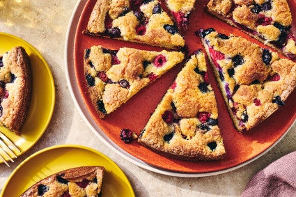 A full sliced-up Late Summer Berry Torte