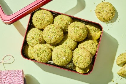 Sparkling Pistachio Cookies in a decorative tin for gifting