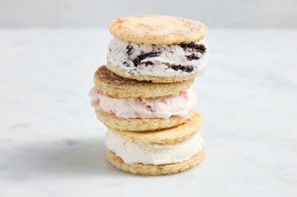 Three sandwich bread ice cream sandwiches stacked on top of each other