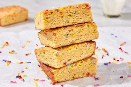 A stack of 4 Small-Batch Birthday Cake Blondies