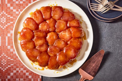 An uncut Classic Apple Tarte Tatin photographed from overhead