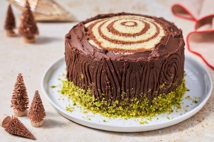 Souche de Noël cake showing a sculpted chocolate frosting to appear as a tree stump with pistachio around the base to mimic moss.