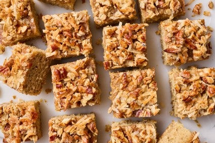 Oatmeal Cake sliced and arranged on a countertop.