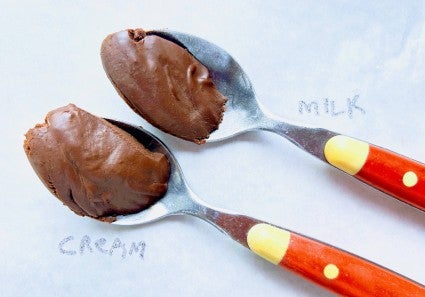 Two spoons side by side dipped into thick ganache, one made with cream, one with cream substitute, showing how the texture of each is identical.