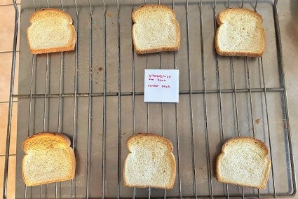 Pieces of toast on an oven rack showing different degrees of browning.