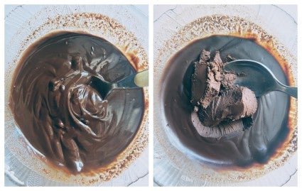A bowl of water ganache immediately after stirring together, and two hours later, to show how it thickens.