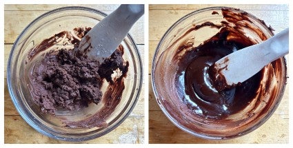 A bowl of seized chocolate at left, and that same bowl of chocolate made into a smooth water ganache.