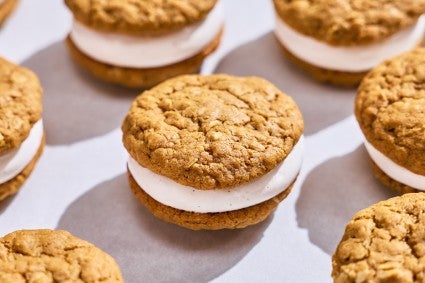 Several oatmeal cream pies on a counter.