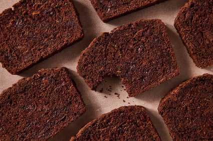Slices of Double Chocolate Zucchini Bread neatly arranged and seen from above