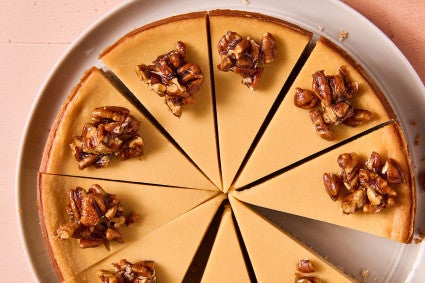 Maple Pecan Cheesecake sliced neatly and seen from above
