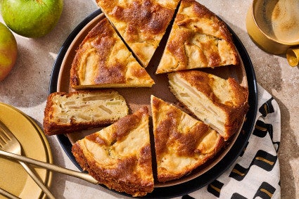 Mostly Apples Apple Cake sliced and arranged on a plate and seen from above.