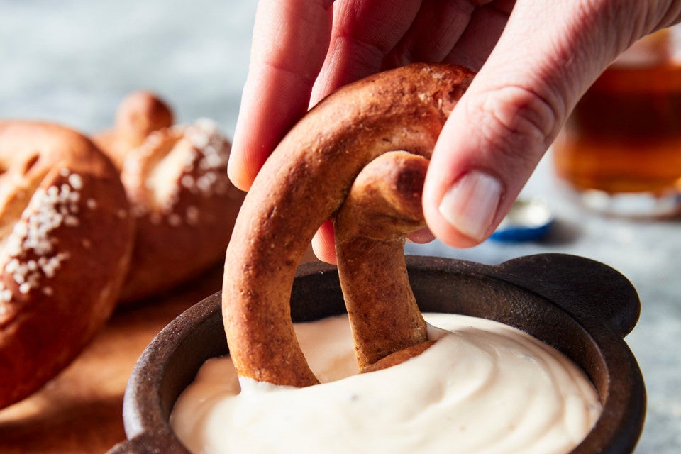 Rye Pretzels with Cheesy Beer Sauce