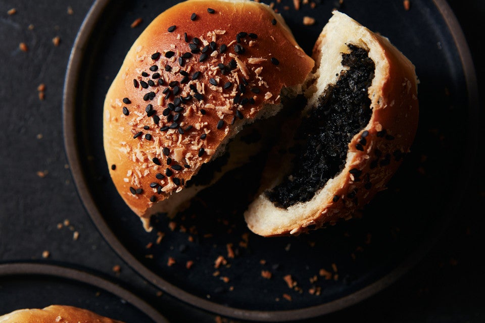 Black Sesame and Coconut Bun broken open