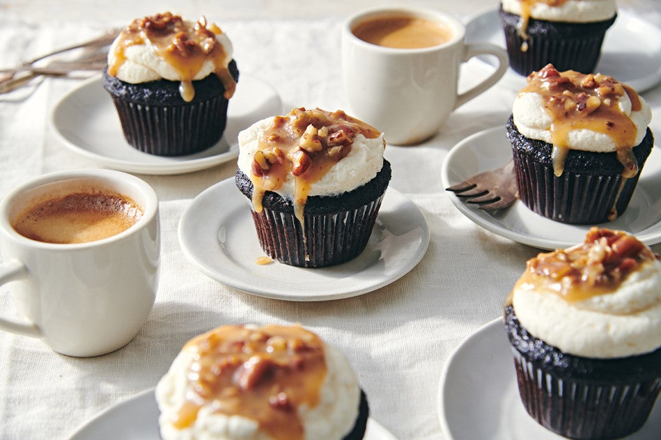 Chocolate Cupcakes with Pecan Caramel