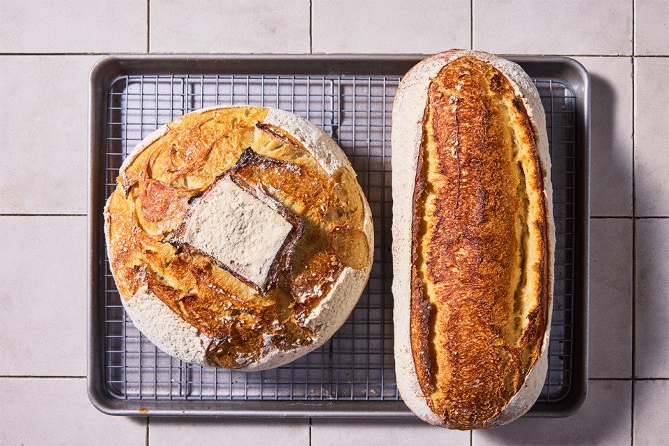 No-Knead Sourdough Bread baked into two different loaf shapes