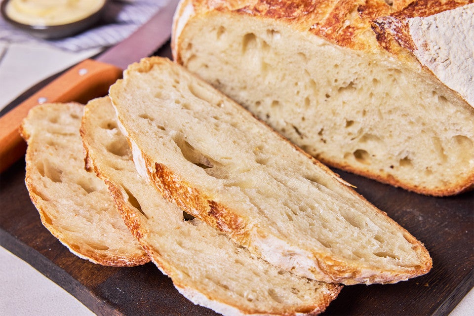 No-Knead Sourdough Bread showing interior crumb