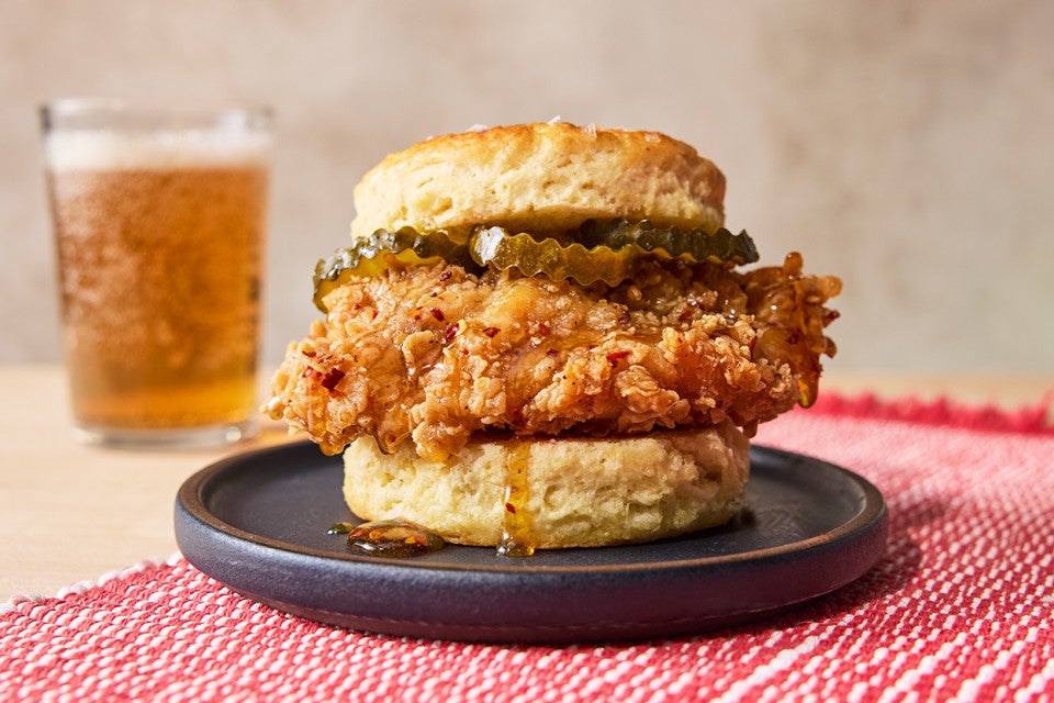Breakfast Sandwich Biscuits with fried chicken, honey, and pickles
