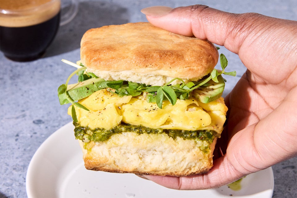 Small-Batch Biscuit made into a breakfast sandwich