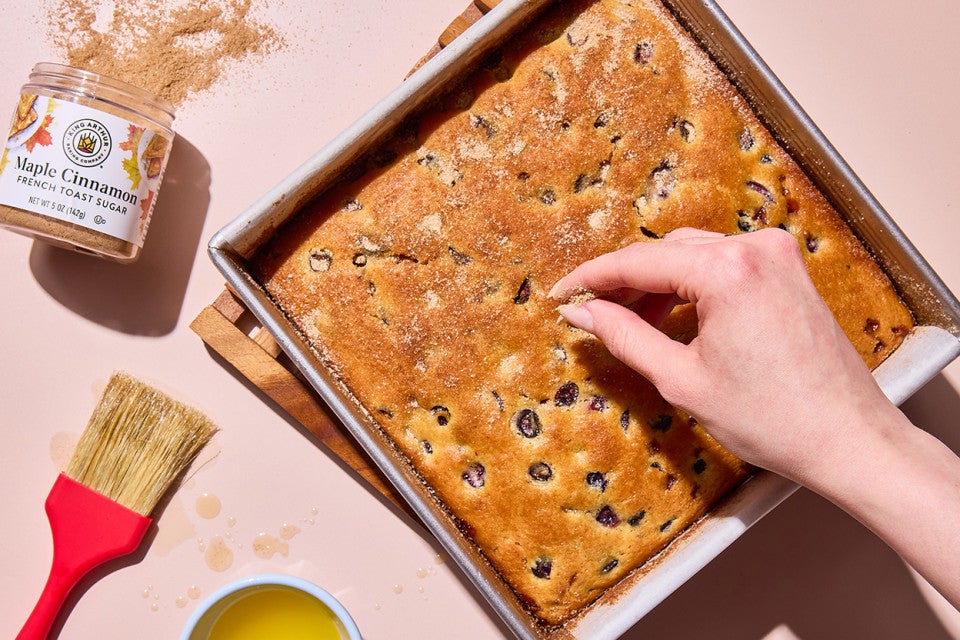 A pan full of Easy Blueberry Muffin Cake
