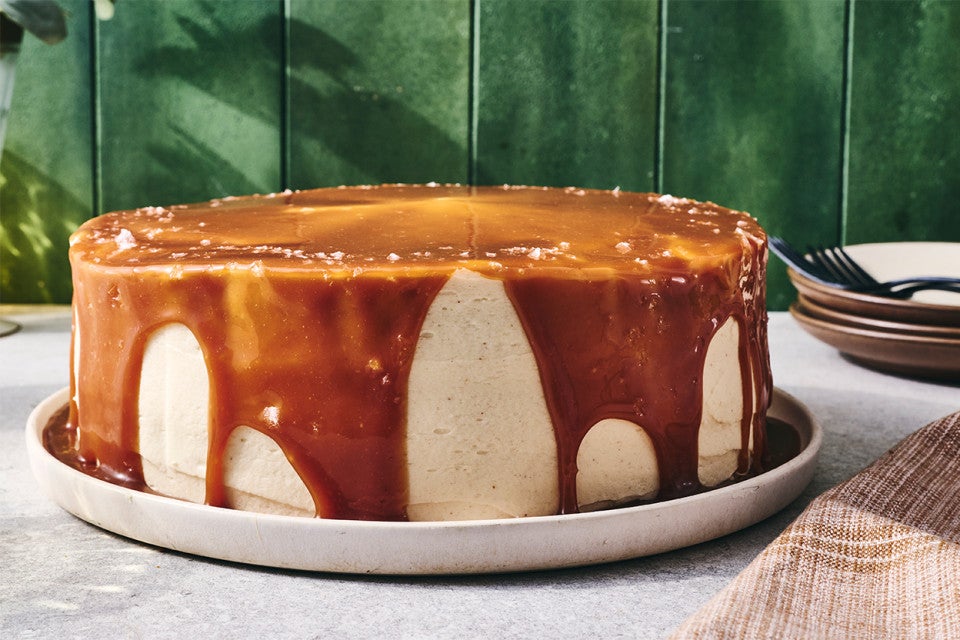 Caramel Layer Cake with Brown Butter Frosting on a plate