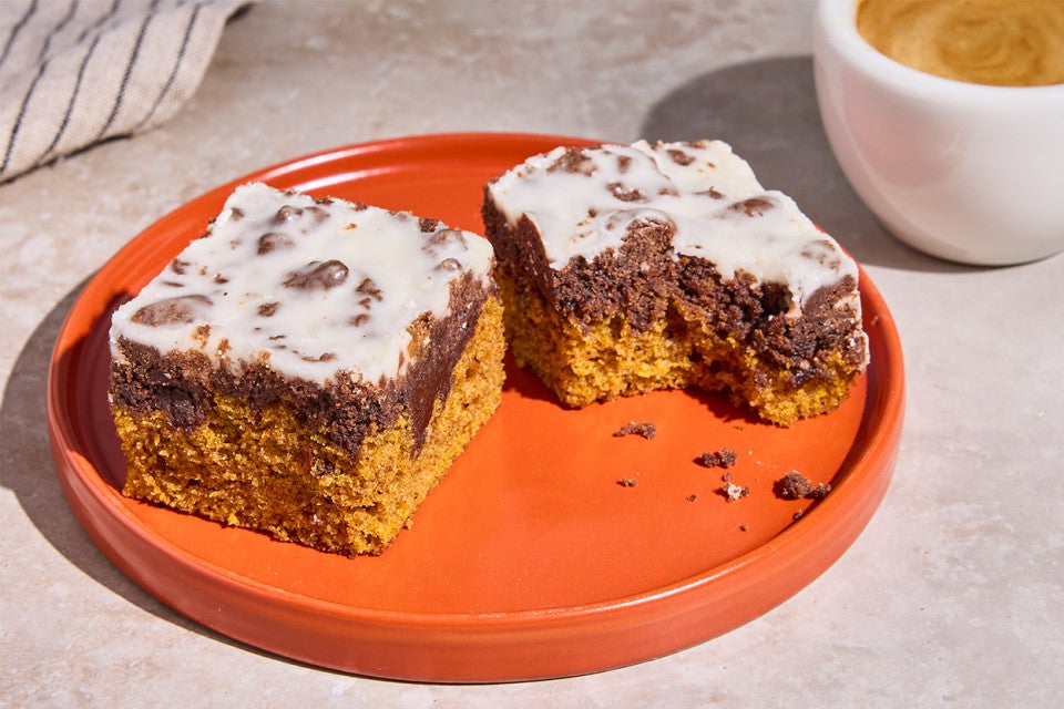 Two slices of Chocolate-Pumpkin Crumb Cake on a plate