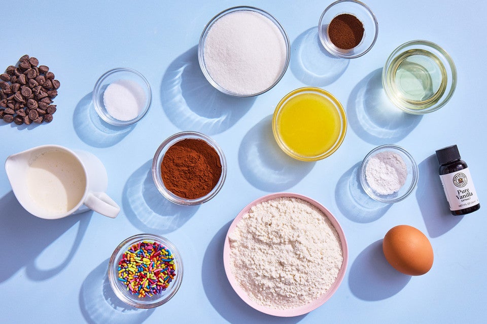 A top-down shot of the ingredients necessary to make Homemade Cosmic Brownies