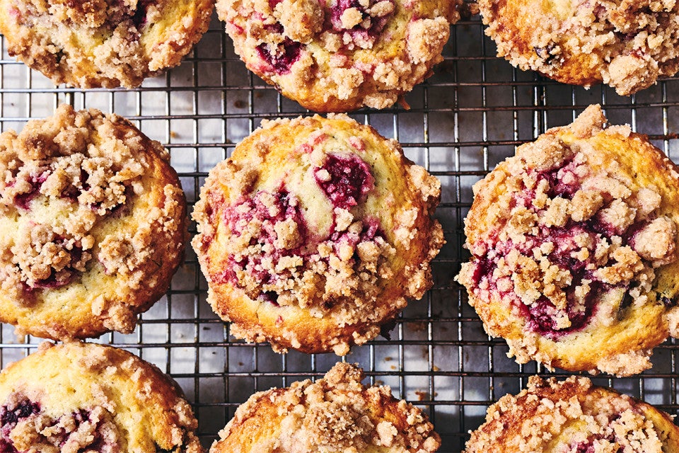 Raspberry-Chocolate Chip Muffins on a cooling rack from overhead