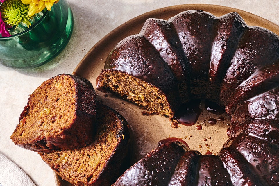 Close up of Sweet Potato Cake with slices cut out of it