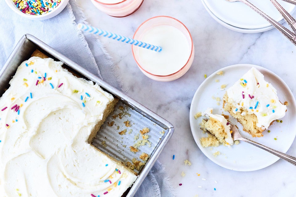 Vanilla Cake Pan Cake in a sheet pan and on a plate