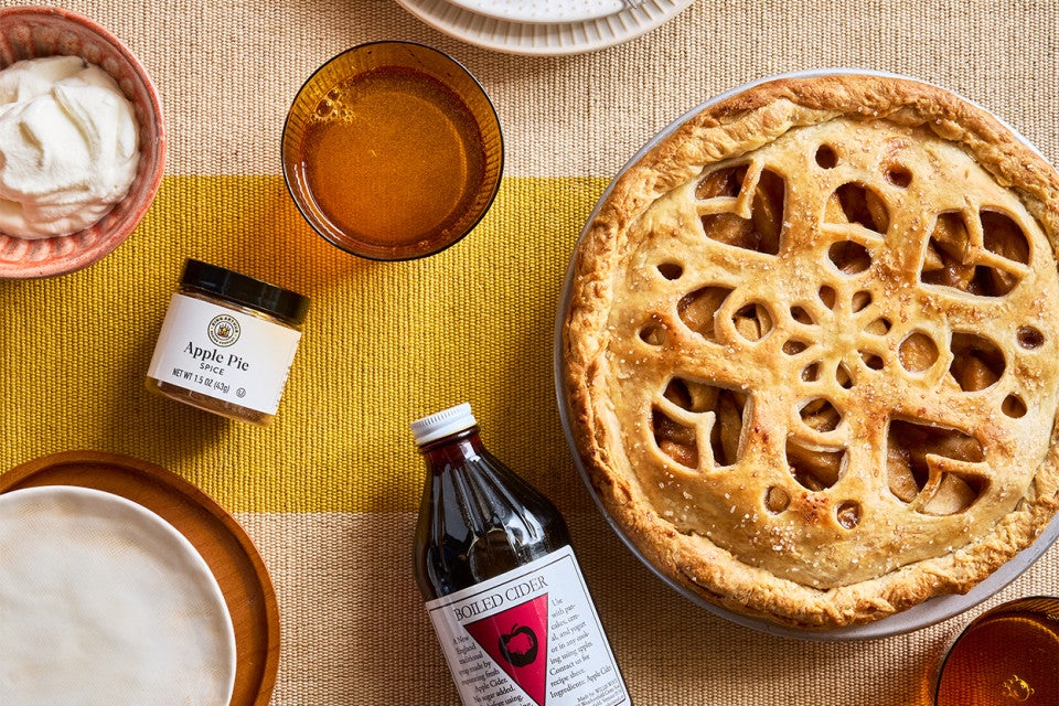 An Apple Pie with Make-Ahead Filling in a pie pan on a table