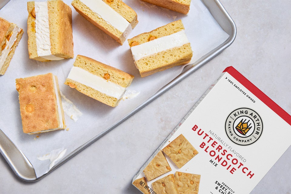 Butterscotch Blondie Ice Cream Sandwiches on a sheet pan